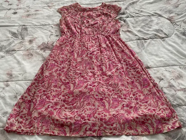 Allison Brittney Floral Pink Beige Barbiecore High Waist Cotton Dress, size M