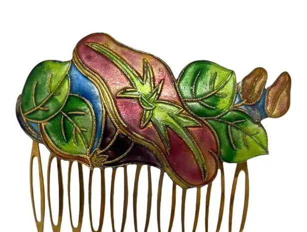 Vintage 80s Cloisonné Enamel Floral Art Noveau Hair Comb Hair Accessories Neon Blue