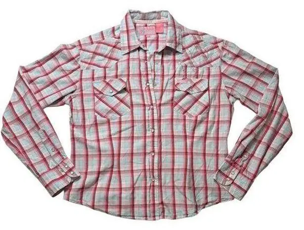Cowgirl Hardware Pink Plaid Cotton Button Up/Collared, Bling Accents, Western XL