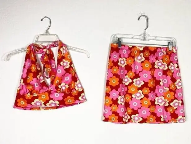 SheIn  Pink & Red 70’s Style Floral Skirt and Halter Tank Crop Top Set Size L