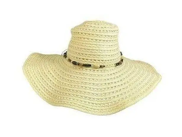STRAW BIG RIM HAT W/ BEADS Beige Tan Summer Beach Boho