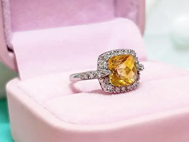 14kt White Gold 2+ Carat Cushion Cut Diamond Halo Citrine Ring Silver Size 6