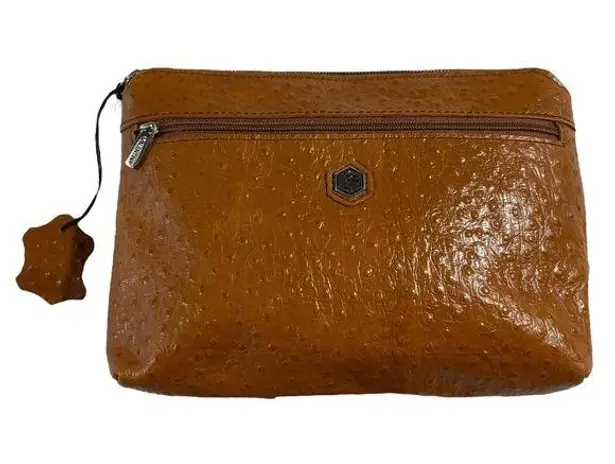 Valentina Ostrich Leather Clutch Bag Zip Top Pouch Handbag* Brown