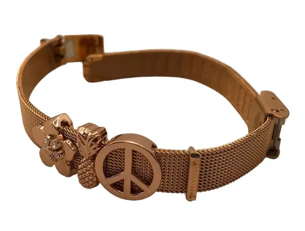 Aphrodite NIB Rose Gold Mesh Charm Bracelet Peace Sign, Pineapple, Flower Charms