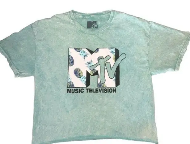 MTV Mint White Tie Dye Cropped Logo Graphic Shirt With Pineapples Size Large