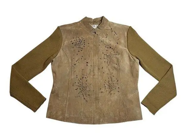 Coldwater Creek Suede Full Zip Jacket Size Med Laser Cutout Knit Ribbed Sleeves