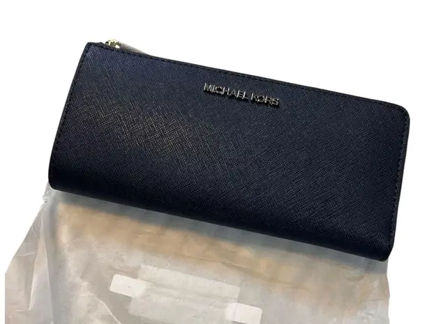 Michael Kors Jet Set Travel Large Wallet Navy Saffiano Leather Zip Around NWT Blue