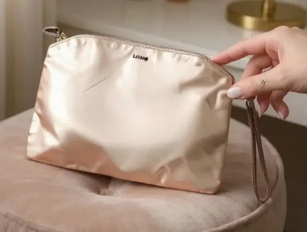 Lodis Rose Gold Metallic Leather Clutch Wristlet Cosmetic Makeup Bag Toiletries Gold