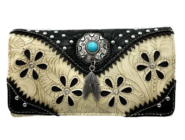 Bessie Turquoise Concho Feather Western Crossbody Wallet Black