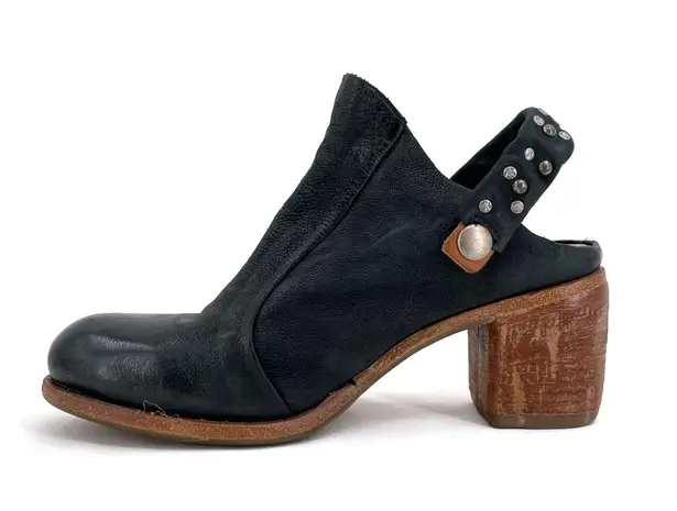 A.S.98 Black Leather Mules Silver Studded Heeled Shoes Boho Cottage EU Size 36