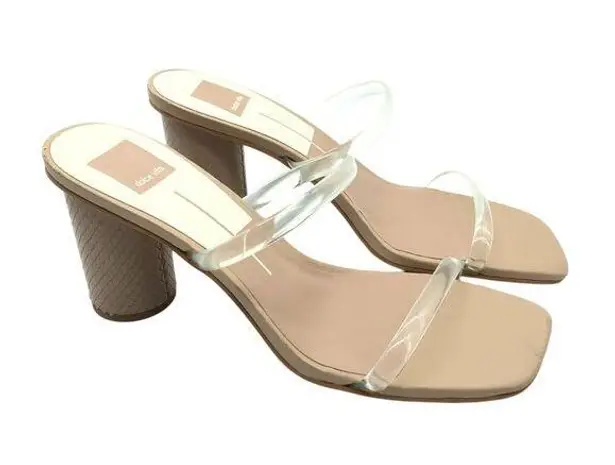 Dolce Vita Noles Sandals Heels Nude Crystal Chunky Round Heels Square Toe 9.5 Tan