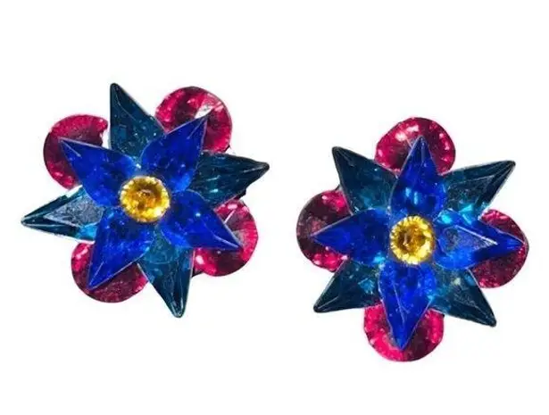 Vintage 1940s Colorful Starburst Clip On Ballroom Earrings Blue