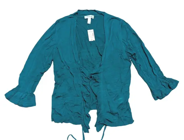Dressbarn Womens XL Teal Tie Front Ruffle Sleeve Open Cardigan Green