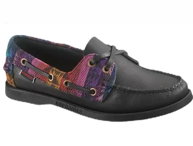 Sebago Spinnaker Black Tribal Leather Boat Shoes Size 8 Nautical Preppy Aztec