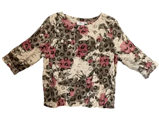 Hot Cotton by Marc Ware Floral Leopard Print Linen Top Blouse Small Pink