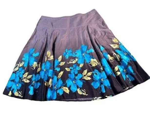 Jones Wear Floral A-Line Skirt with Vibrant Blue Flowers and Gold Leaves Size 18