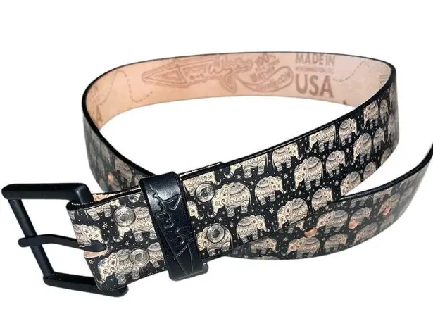 Jon Wye Elephant Graphic Black 100% Leather Belt Small