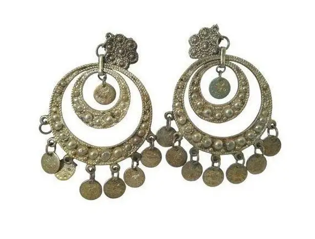 Vintage Arabic Coin Chandelier Earrings Dangle Clip On Oriental Silver Tone