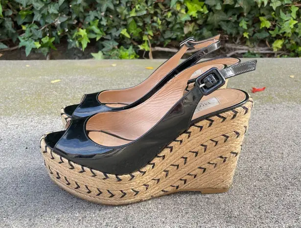Valentino Garavani Valentino patent leather chevron espadrille slingback wedge sandal IT 38 US 8