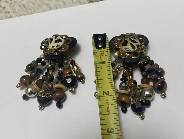 Beaded Clip On Earrings Hand Crafted Animal Print / Brown / Black