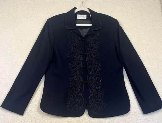 Vintage Lord & Taylor Women Embroidered Wool Blazer Knot buttons Size 14 Black