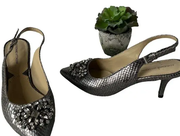 Adrienne Vittadini Surya Slingback Shoes Sz 6M Snake Skin Crystals Pewter Glam