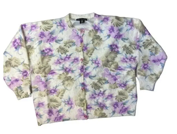 Lee Sands Women’s Orchid and Monstera Print Angora Cardigan Sweater Size 1X NWOT