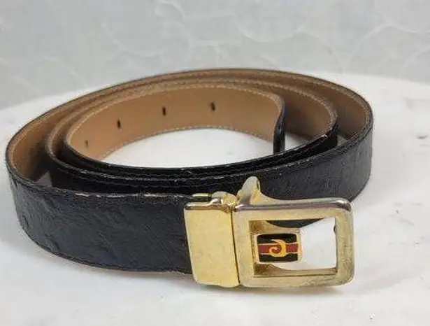 Vintage Mens Belt 36/90 Black Genuine Leather Ostrich Gold Box Frame Buckle