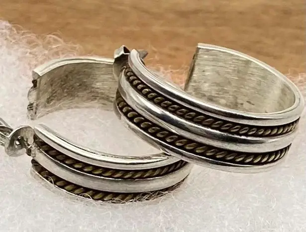 Sterling Silver TAXCO  Brass Rope Inlay Hoops Earrings