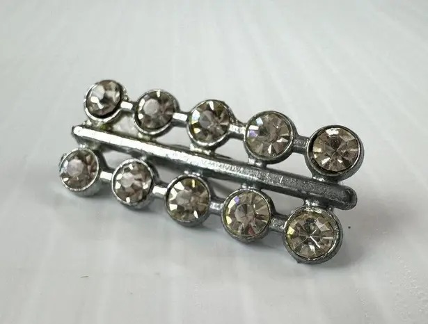 Vintage Small Brooch Bar Set Silver Tone Clear Rhinestones Double Row Costume