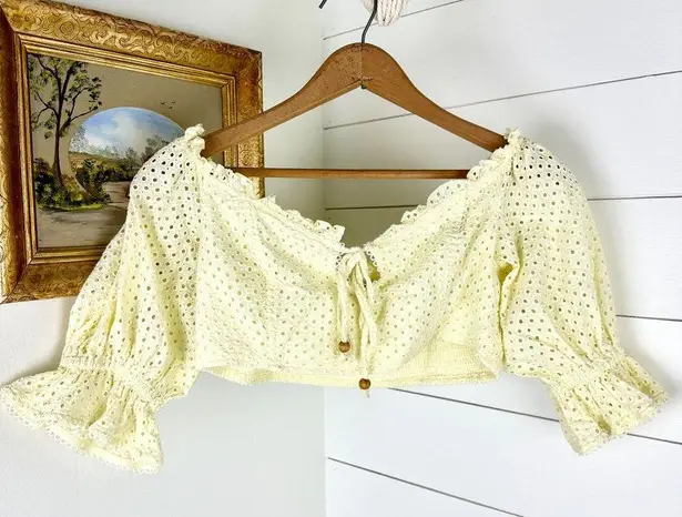 Majorelle Thalia Top in Lemon Cream Size Large Puff Sleeve Eyelet Smocked