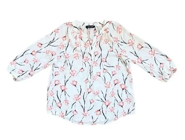 Ivanka Trump Sheer Floral White & Pink Long Sleeve V-Neck Flowy Blouse Sz Small