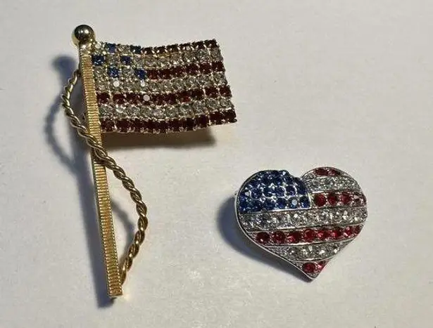 Lot Of 2 Brooch Pins American Flag / Heart Red White & Blue Patriotic