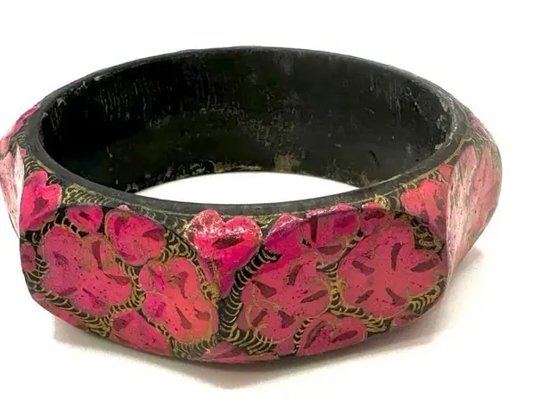 Pink floral hand painted wooden bangle bracelet