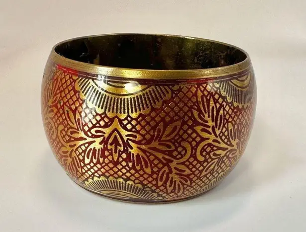 Red and gold tone wide brass bangle bracelet