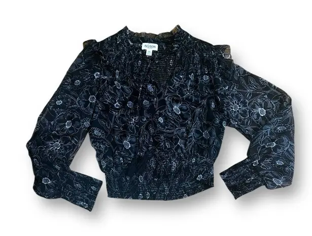 Allison New York black smocked sheer sleeve blouse top size Medium