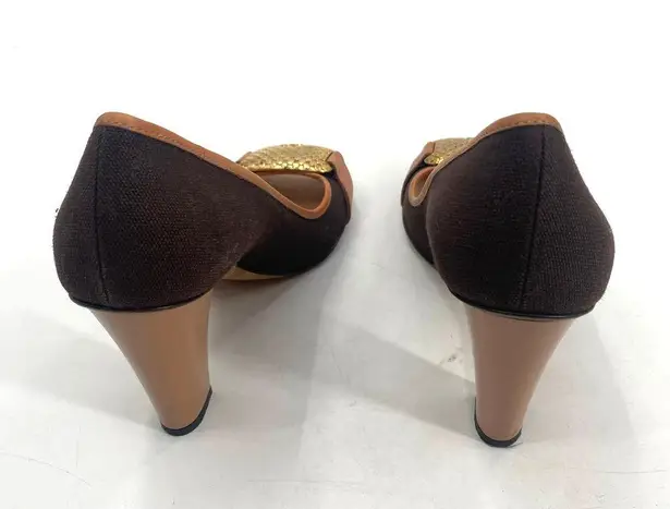 Escada Logo Plate Woven Canvas Brown Peep Toe Pumps Heels Shoes Womens size 38