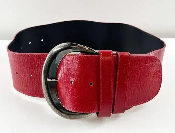 Anne Fontaine Genuine Leather Silver Buckle Adjustable Waist Belt Red
