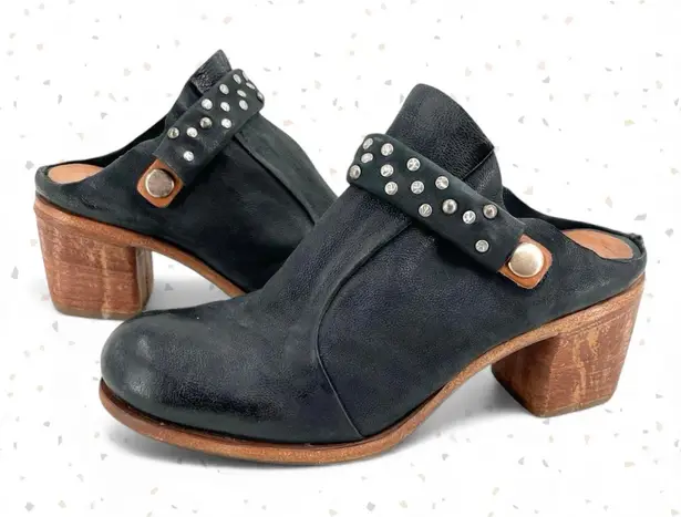 A.S.98 Black Leather Mules Silver Studded Heeled Shoes Boho Cottage EU Size 36