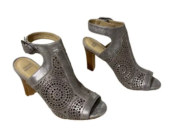 Johnston & Murphy Metallic Gray Caged Ankle Strap Open Toe Heels Women Sz 7
