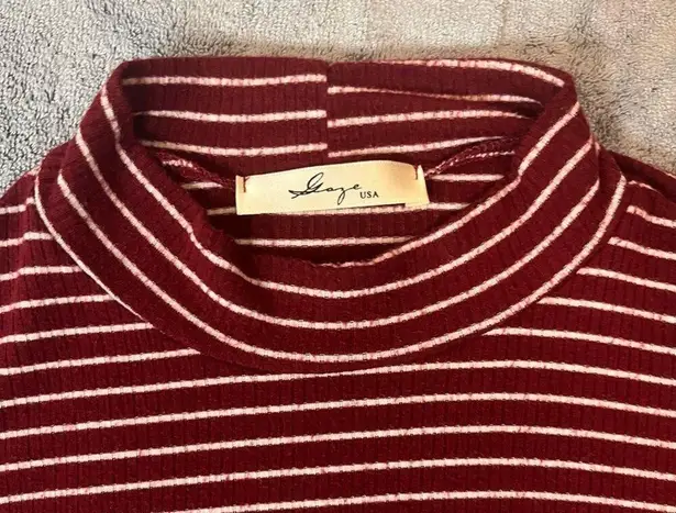 Gaze Maroon White Stripes Long Sleeve Mock Neck T
