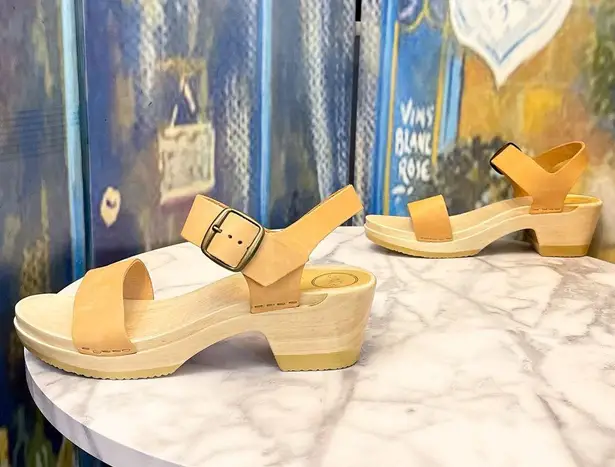 No.6 Two Strap Clog Mid Heel Leather Sandals Desert Nude 41 GUC Tan Size 10