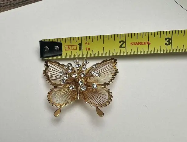 Monet Rhinestone Butterfly Insect Gold Tone Wire Signed Brooch Pin