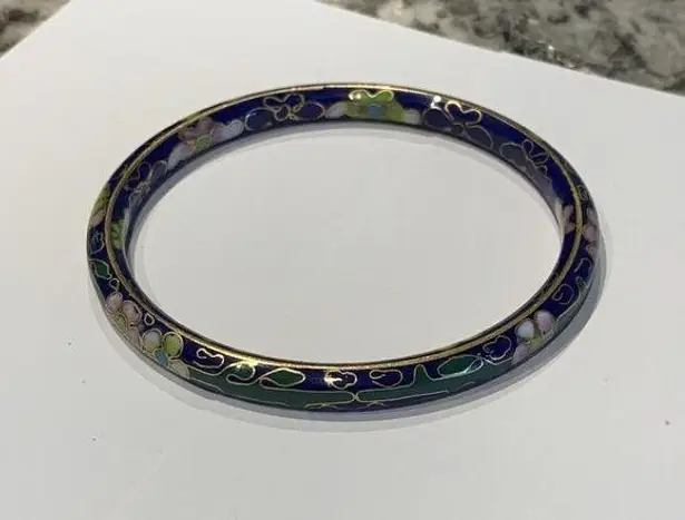 Cloisonné Vintage Costume Bracelet Bangle Blue Flower Pattern