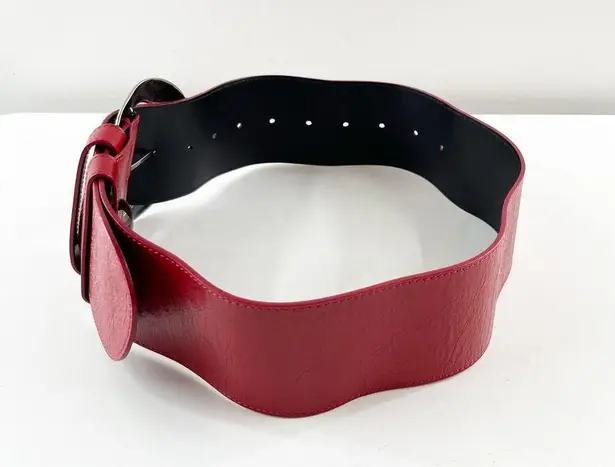 Anne Fontaine Genuine Leather Silver Buckle Adjustable Waist Belt Red