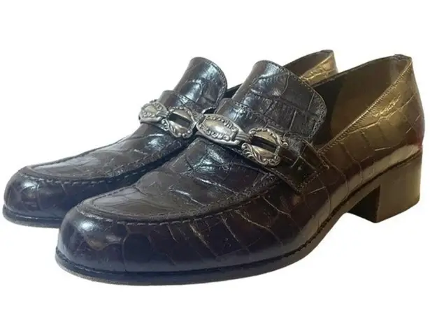 Brighton  Vintage Dark Brown Leather Croc Chunky Loafers Silver Hardware Size 7.5