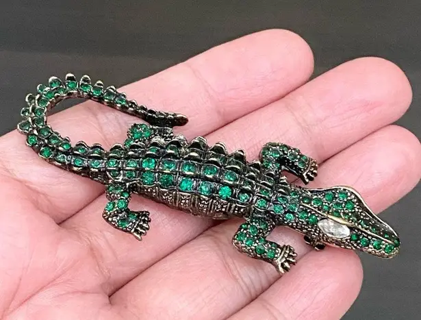 Antique Style Green Alligator Gator Crocodile Rhinestones Bling Brooch