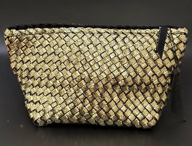 NAGHEDI Portofino Cosmetic Bag in Etoile Woven Neoprene Metallic Gold Makeup Bag
