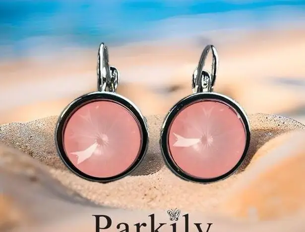 Coral peach salmon color sparkly earrings made with Swarovski crystal in silver Pink