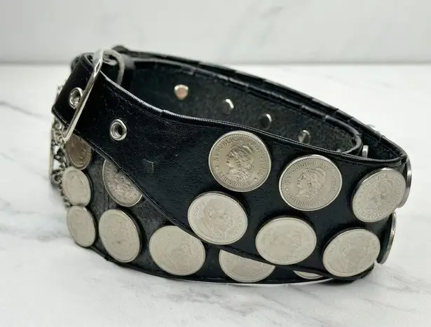 Vintage Argentina Coin Studded Leather Chain Belt Gaucho Western Small (S) ✨ Black